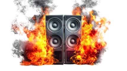 A speaker in the burning fire isolatd on white background