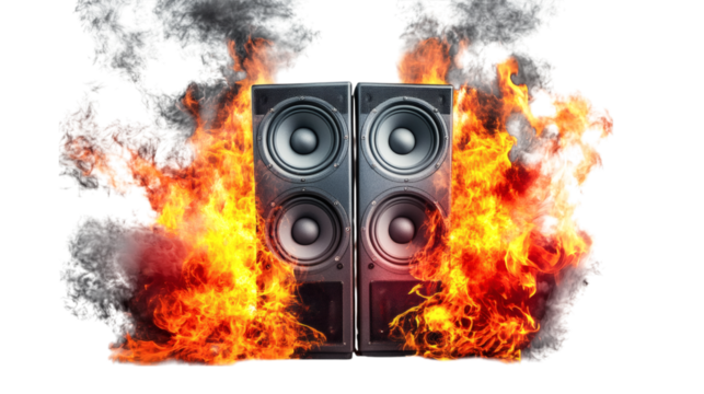 A speaker in the burning fire isolatd on white background