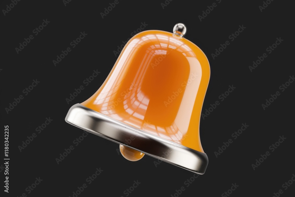 Poster an orange bell with a silver rim, a 3d render of a notification icon.
