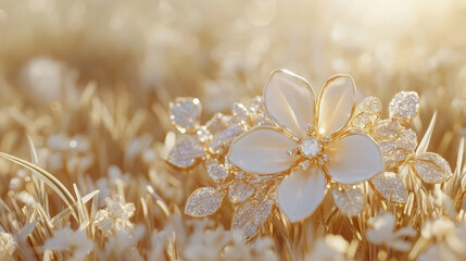 A floral brooch featuring gleaming gems and soft petals lies gracefully on a golden field, bathed in warm sunlight that enhances its delicate beauty
