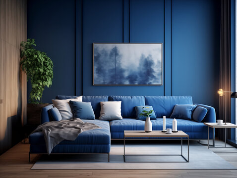 Color drenched cobalt blue living room with wood panneling, blue couch and large artwork on the wall. Modern bright living room. Statement living room interior.