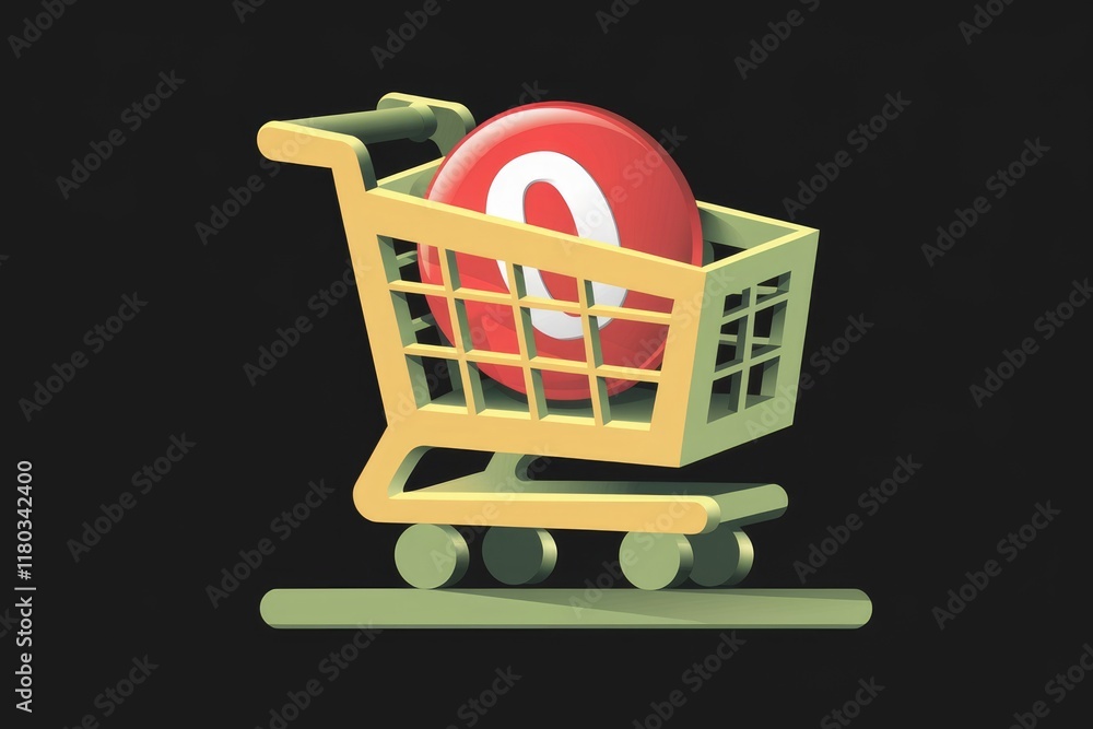Poster a shopping cart contains a red sphere with a white 'o', symbolizing online shopping.