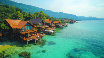 Naklejka premium A luxurious resort with overwater bungalows, surrounded by crystal-clear turquoise waters and distant mountains, with a serene and peaceful atmosphere