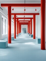 Fototapeta premium Long Hallway with Red Pillars and Blue Benches
