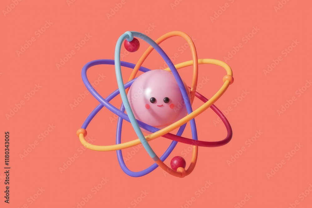 Poster a cute cartoon atom with a smiling nucleus and colorful orbiting electrons.