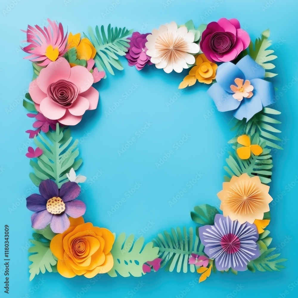 Aufkleber colorful paper flower frame on a blue background, ideal for use in graphic design or as a decorative