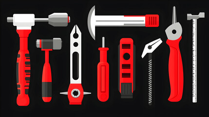 Flat Lay of Red and Black Tools on Black Background.
