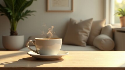 Fototapeta premium Warm Morning Beverage on Wooden Table in Cozy Room