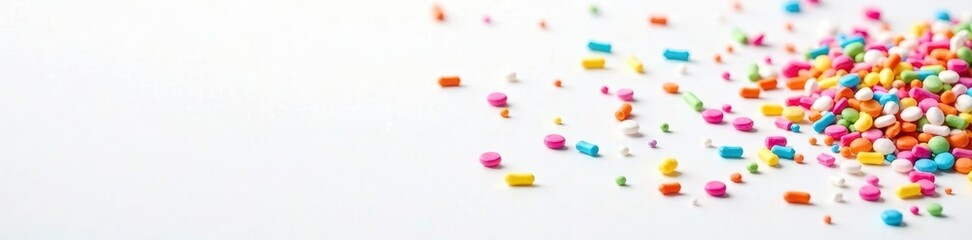 Rainbow sprinkles scattered on white background, sprinkles, sugar, festive