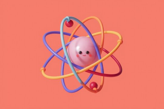 A cute cartoon atom with a smiling nucleus and colorful orbiting electrons.