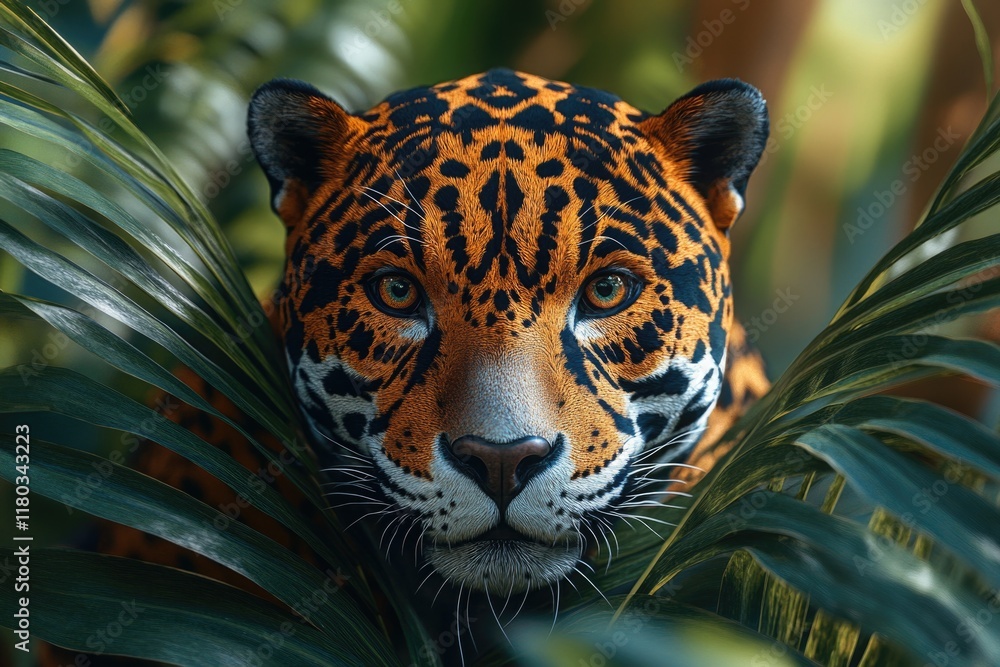 Poster a close-up view of a leopard's face surrounded by lush plants