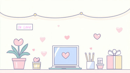 A cozy workspace featuring a laptop, potted plants, and decorative hearts, creating a warm and inviting atmosphere.