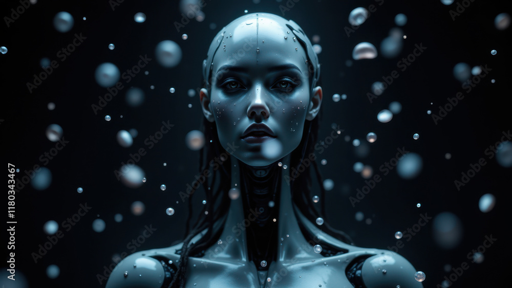 Poster an ai-themed digital artwork featuring a humanoid figure with robotic elements immersed in an ethere