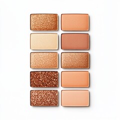 Fototapeta premium Palette of ten eye shadow colors in warm tones, showcasing a mix of matte and shimmer finishes for makeup applications.