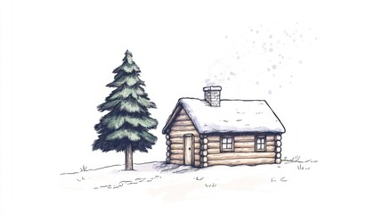 Snowy cabin, pine tree, snowfall, winter wonderland, holiday card
