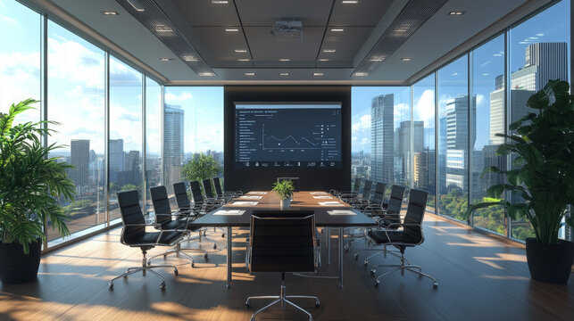 A modern conference room with a group of in-person participants seated around a table, while remote participants are displayed on a large screen during a hybrid meeting