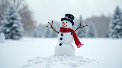 Fototapeta premium Cheerful snowman with red scarf, black top hat, and twig arms. Coal buttons and carrot nose add charm. Snowy field and frosty trees create a joyful winter wonderland.