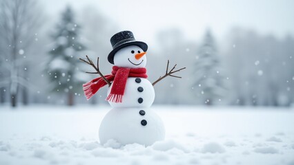 Cheerful snowman with red scarf, black top hat, and twig arms. Coal buttons and carrot nose add charm. Snowy field and frosty trees create a joyful winter wonderland.