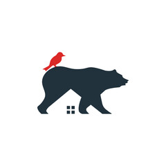 bear bird home house negative space logo design