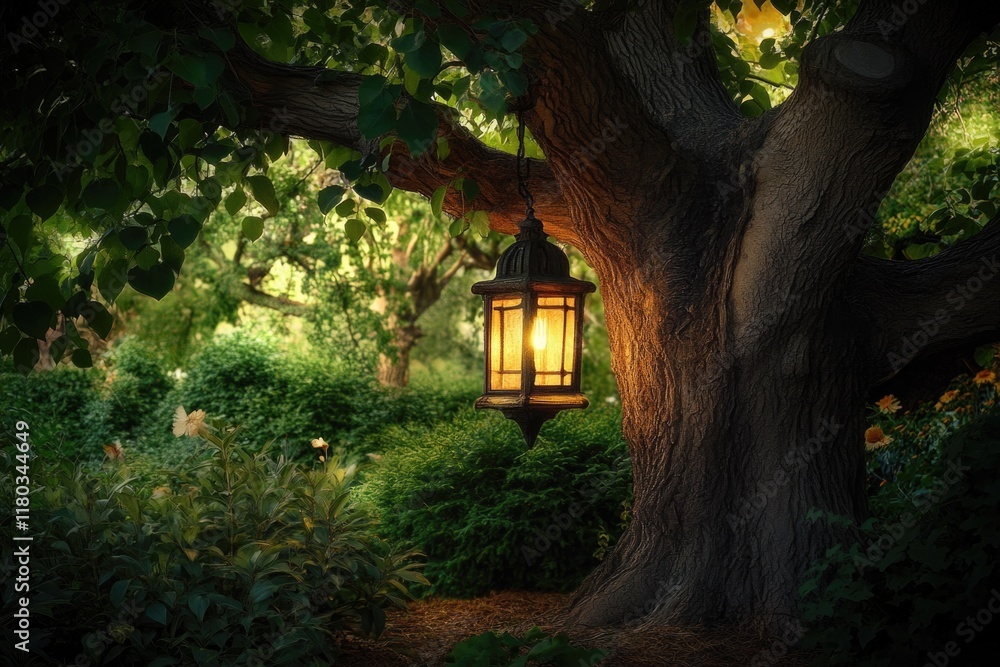 Poster A single lantern hangs from a tree branch
