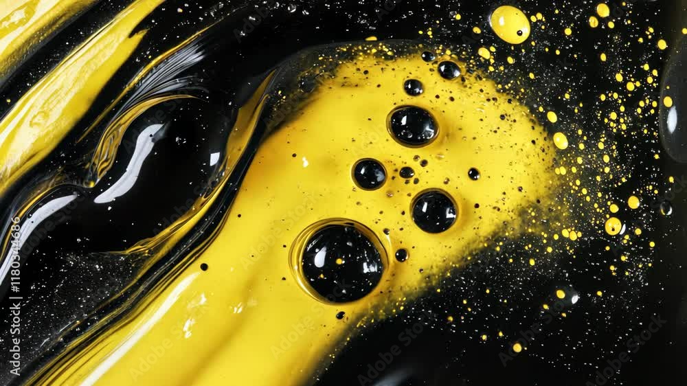 Poster colorful abstract design featuring swirling yellow and black hues with bubbles in a dynamic composit