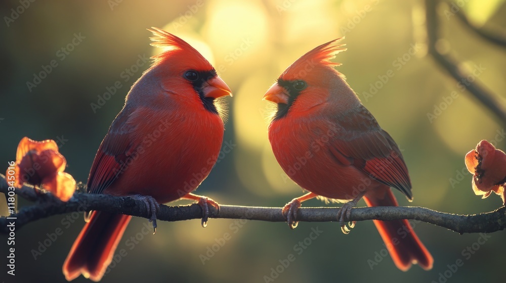 Poster a pair of bright red birds perched on the branch of a tree, looking out at the viewer