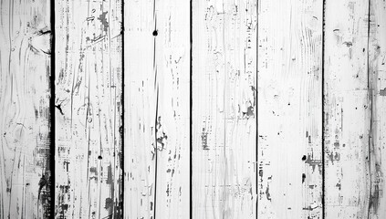 Close-up of weathered white painted wood planks. The paint is peeling and showing the natural wood grain underneath. Monochromatic texture.