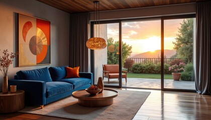 Art deco interior japandi living room with a blue sofa, a wooden coffee table, and a large window offering a view of a garden and the setting sun.