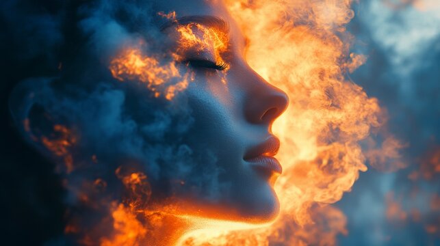 Woman's face with fiery orange and blue cosmic effects