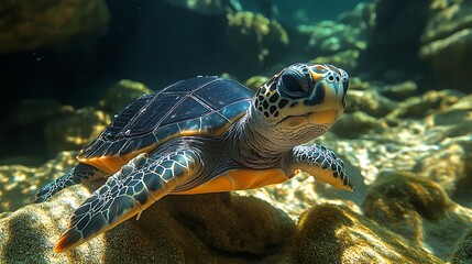 Obraz premium A serene underwater scene featuring a turtle swimming gracefully.