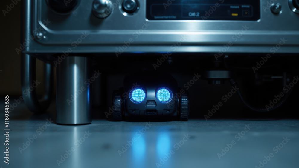 Poster under-the-hood view of a small ai device with blue lights beneath an open electronic unit, symbolizi