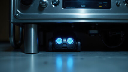 Under-the-hood view of a small AI device with blue lights beneath an open electronic unit, symbolizing advanced technology and robotics.