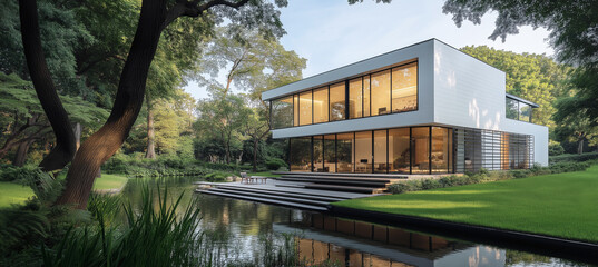 Fototapeta premium Modern two-story house with large glass windows, clean lines, surrounded by lush greenery near a serene pond. Sleek architecture emphasizes open spaces, natural light, golden-hour highlights