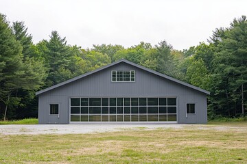 Fototapeta premium A contemporary gray barn featuring expansive glass doors is nestled close to a lush forest, under a moody sky on a cloudy day in a tranquil rural setting
