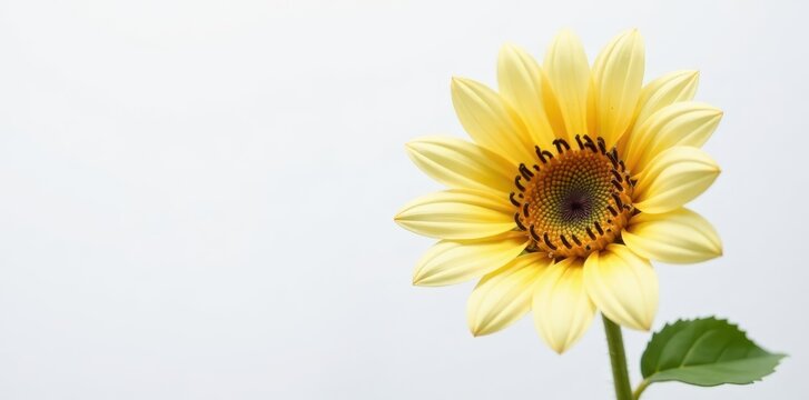 A single white sunflower with bright yellow anthers and dark centers, set against a clean white background , sunflower, yellow, anther