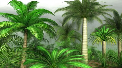 Tropical plants lush forest scene, digital art.