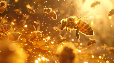 Naklejka premium Honeybees in golden sunlight, a mesmerizing display of nature's beauty. Their intricate details shine against the warm, radiant backdrop.