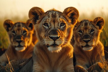 Group of lions relaxing outdoors