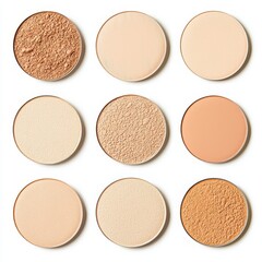 Fototapeta premium Nine circular makeup powders in various shades, arranged in a grid, showcasing a range of hues for foundation or cosmetic use.