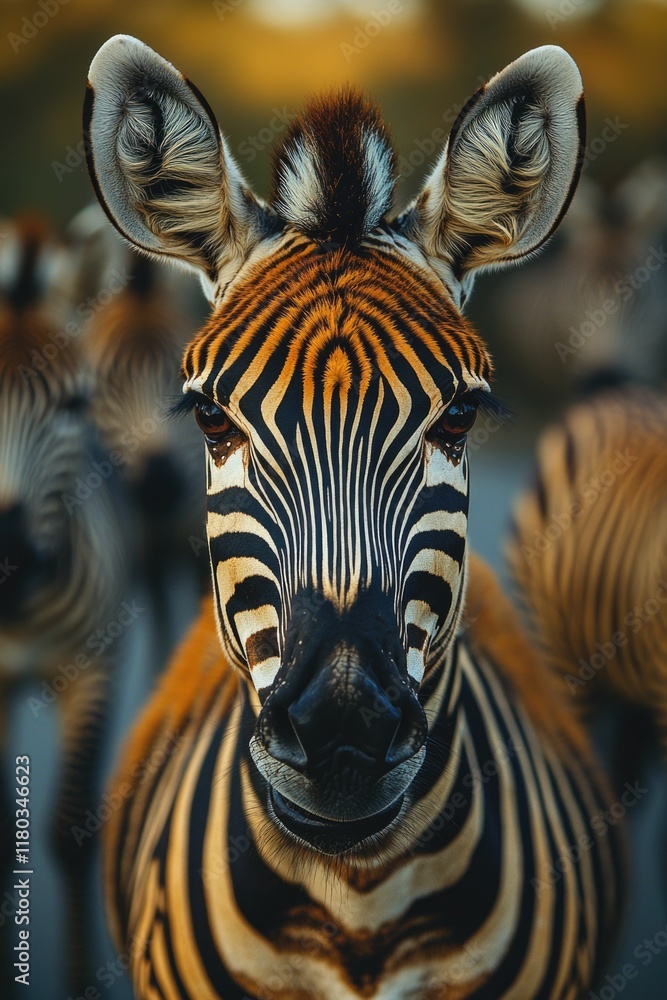 Poster a close-up shot of a zebra's face looking directly at the camera