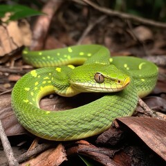 A close-up shot of a green snake on the grassy ground, with clear details