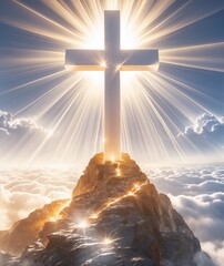 A luminous cross soaring above clouds and mountain peaks.