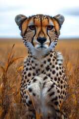 A cheetah resting in a field of tall grass, natural habitat