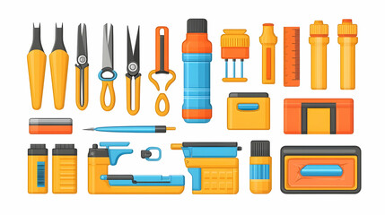 Colorful flat illustrations of various tools and equipment, likely for a travel or outdoor activity.