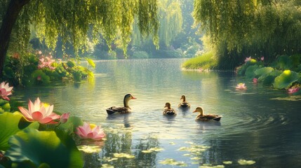 family of ducks swimming in a serene lake surrounded by lotus flowers and sauces on a sunny day generative ai
