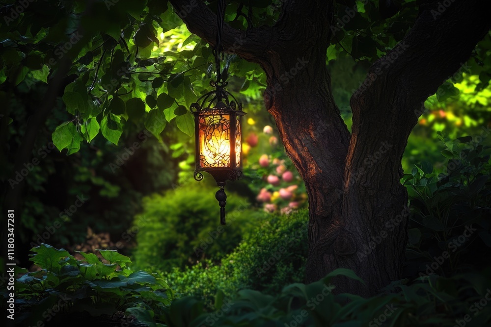Poster a lantern hangs from a tree branch in a peaceful garden setting, perfect for use as an outdoor decor