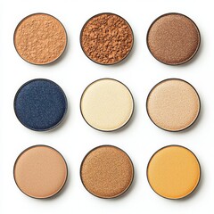 Fototapeta premium A grid of nine round eyeshadow pans featuring a variety of colors including browns, golds, and a deep blue shade.
