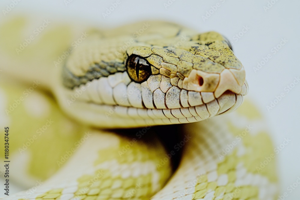 Poster a close-up view of a snake's head and body on a white surface