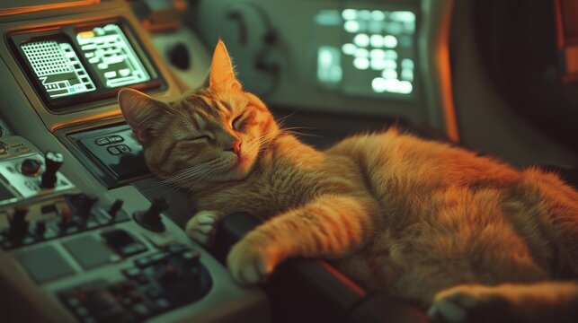 A contented cat naps peacefully on a spaceship console, blending comfort with a sense of futuristic adventure amid the soft glow of screens.
