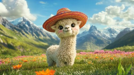 Fototapeta premium fluffy baby alpaca, wearing hat, standing in a vibrant meadow with mountains in the background, generative ai